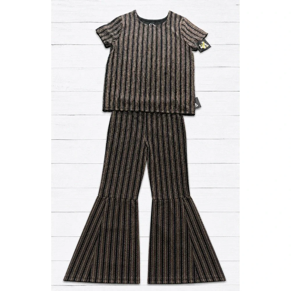 Kids Art Class 2 Piece Set Metallic Striped Bell Bottom Pants Top Sparkly L/XL